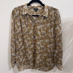 Ann Taylor Factory Long Sleeve Floral Button Blouse Graphic Sheer Blouse Small